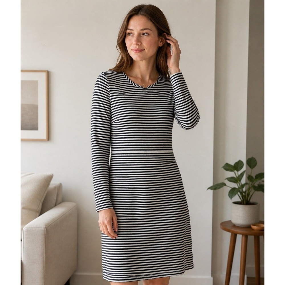 Kate Spade Saturday Black White Stripe Shift Dress Long Sleeve Women's 6